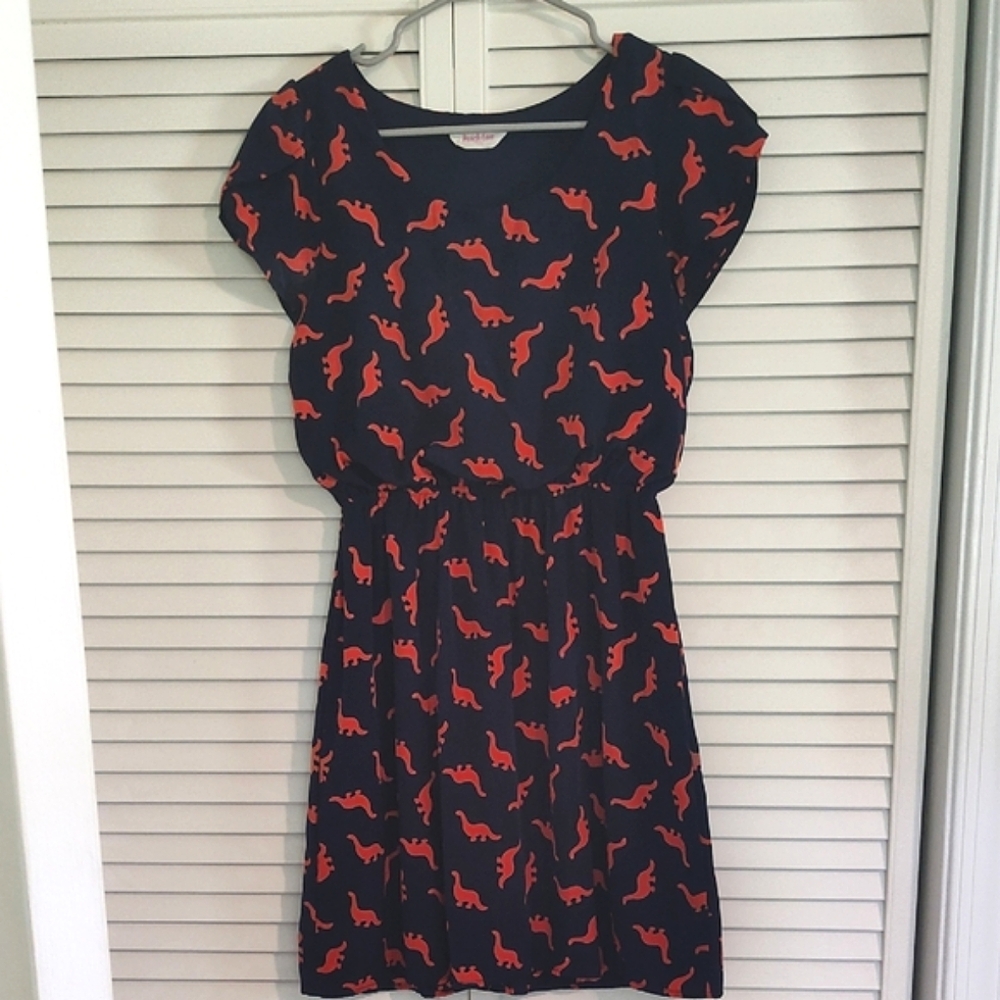 Modcloth Peach Love Navy Blue and Red Dinosaur Print Dress
